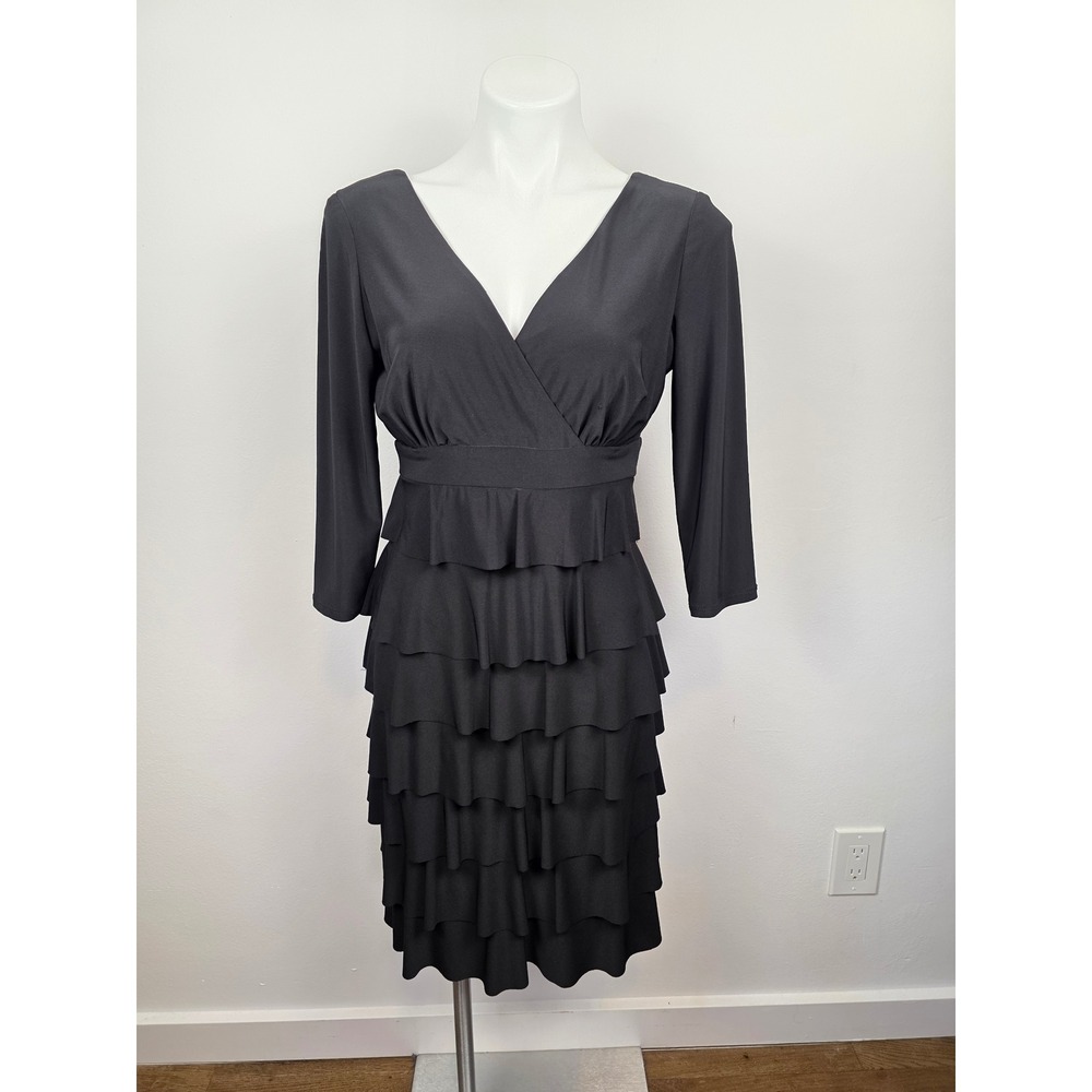 Frank Lyman Black Tiered Ruffle V-Neck 3/4 Sleeve Cocktail Dress Size 8 Canada